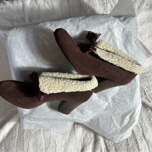 Yellow Box Brown Suede Faux-Shearling Heeled Booties women's 8.5